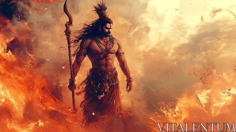 Digital painting of mythic warrior amid sweeping firestorm forms.