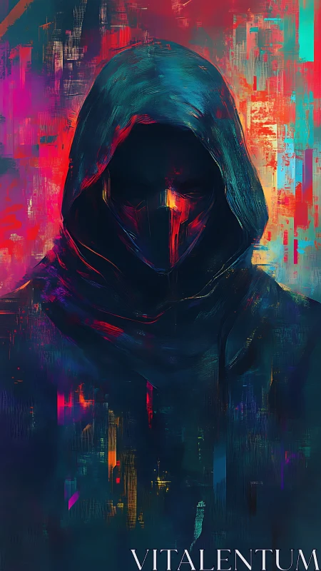 Hooded cybernetic figure dissolves into neon glitch strata