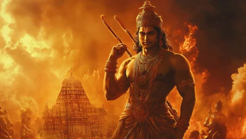 Mythic warrior deity before Dravidian temple, firelit sky