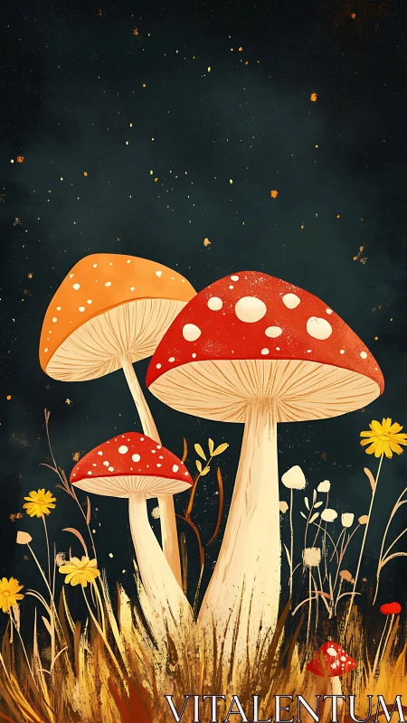 Starlit forest mushrooms glowing in a whimsical night meadow.