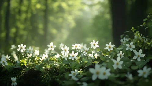 Delicate White Wood Anemones in Spring Forest Light