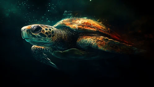 Luminous sea turtle glides through dark atmospheric ocean