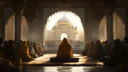 Monks gathered in golden temple hall facing distant shrine.