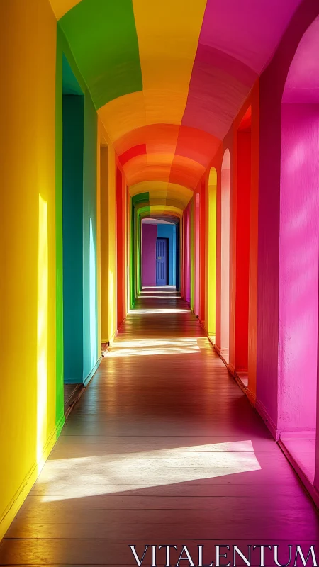 Prismatic hallway of endless doors and sun-sliced color beams.