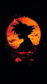 Fiery anime silhouette stands against a blazing sunset circle