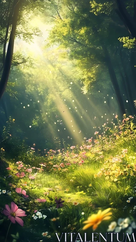 Sunlit forest meadow glowing with soft wildflower magic.
