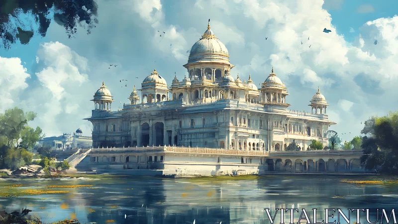 Sunlit riverside palace rests beneath soft drifting clouds