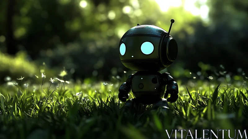 Small metallic robot standing in sunlit grassy clearing.
