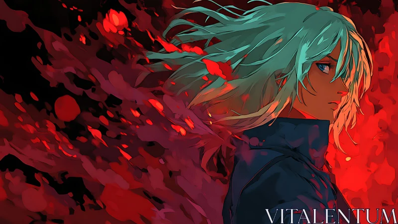 Solitary anime figure stands in swirling red energy storm.