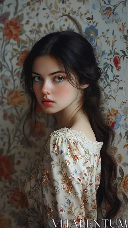 Floral-walled gaze quietly turns a portrait into soft music