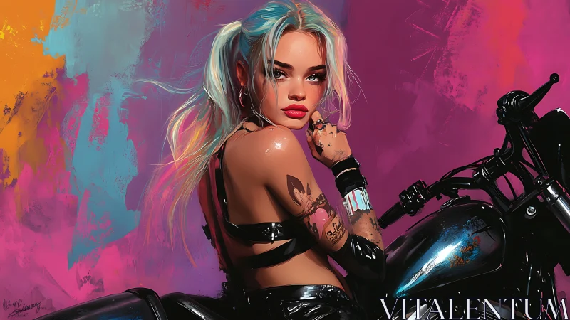 Neon-haired biker girl poses against vivid graffiti backdrop.