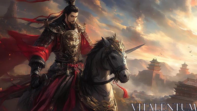 Armored warlord on horse overlooking ancient fortress city