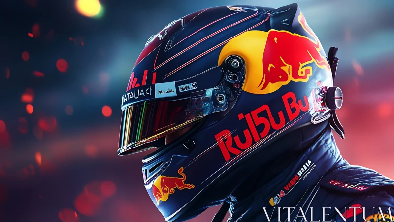 Racing helmet side profile shows reflective visor and branded livery