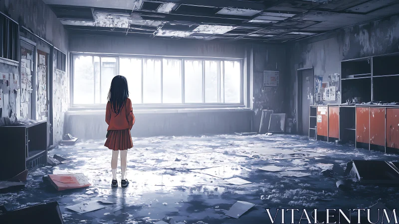 Solitary schoolgirl contemplates light in an abandoned classroom