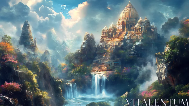 Mountain temple city rises above misty waterfalls and clouds.