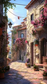 Sunlit stone alleyway hums softly beneath cascading blooms