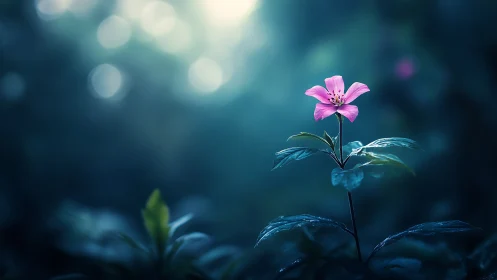 Solitary pink woodland flower in cinematic teal bokeh glow.