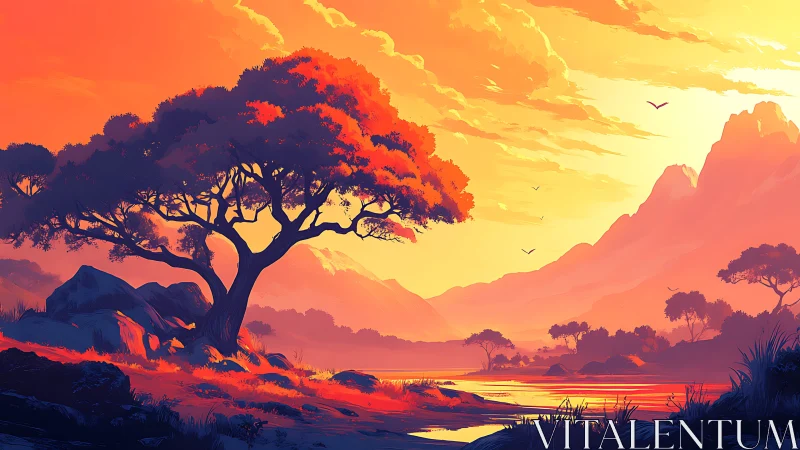 Silhouetted tree by river under orange sunset sky.