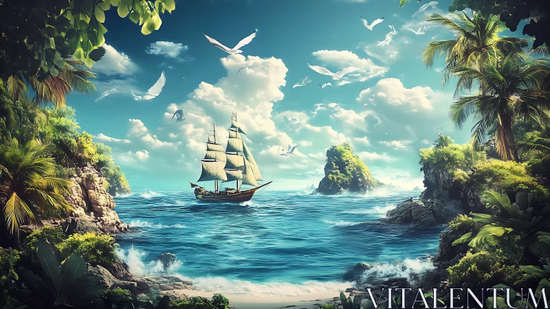 Tall ship sailing tropical waters framed by verdant cliffs.