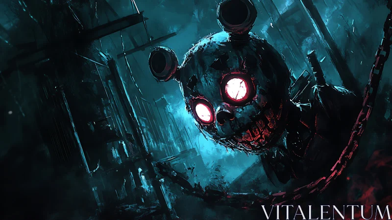 Cybernetic skull mascot in neon teal industrial ruin.