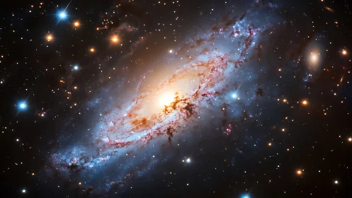 Spiral galaxy core with bright stellar clusters and dust lanes.