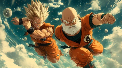 Two orange-suited fighters charge forward through sky.