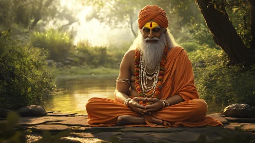 Meditating sage in saffron robes beside tranquil forest stream.