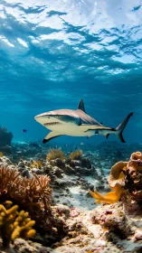 Confident reef shark cruising a coral boulevard of color.