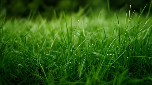 Lush dew-covered grass blades in soft natural focus.