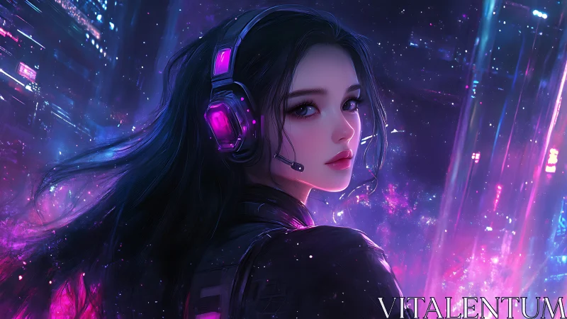 Neon-lit cyber DJ girl in holographic cityscape glow.