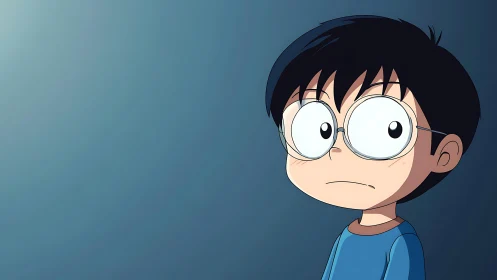 Wide-eyed boy in blue pauses inside a quiet twilight hush.