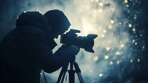 Night photographer captures glowing winter bokeh storm.