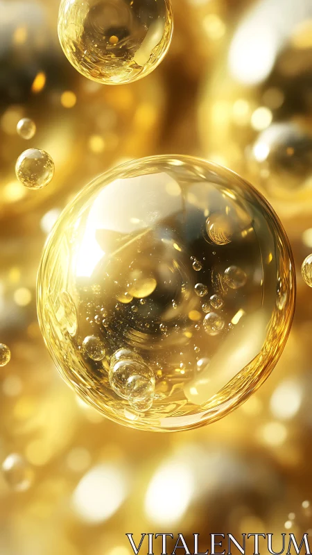 High-gloss golden liquid bubbles with refractive caustic highlights