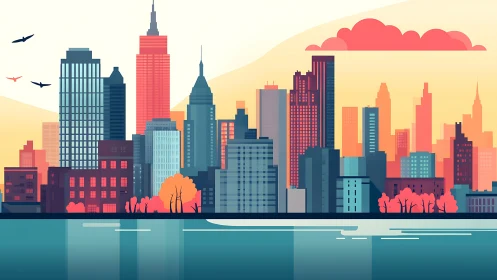 Sunlit geometric city skyline with reflective waterfront panorama.