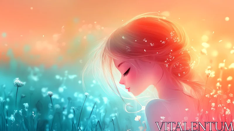 Dreamy profile portrait in glowing pastel meadow light.