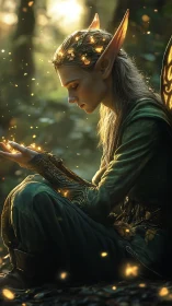 Forest elf studies bioluminescent particles in dusk light