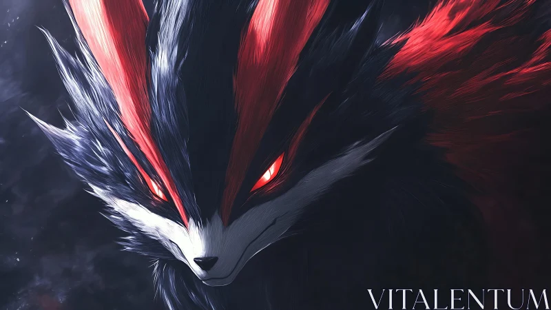 Dark fox creature glares forward with crimson glowing eyes