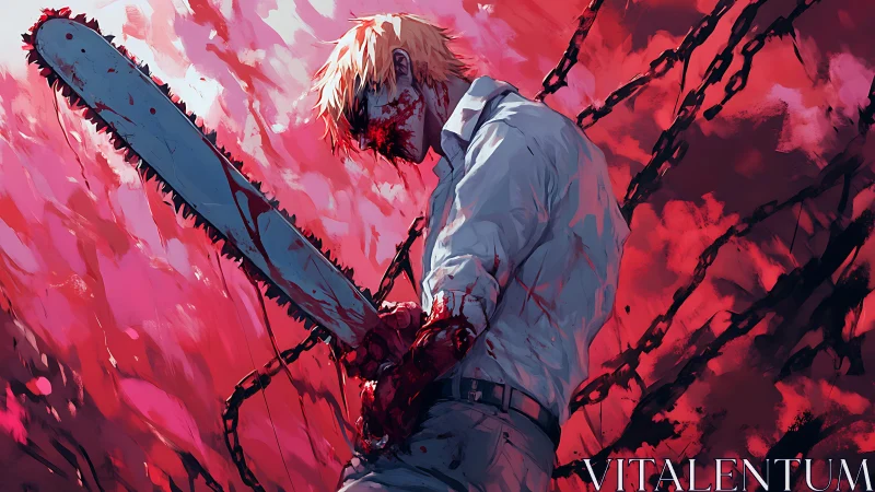 Chainsaw boy carves through a storm of feral crimson clouds