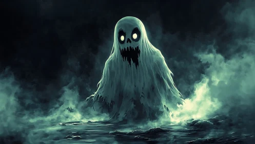 Gentle ghostly figure rising through soft green mist.