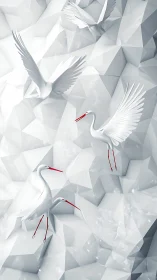 Origami-white cranes gliding across faceted ice planes.