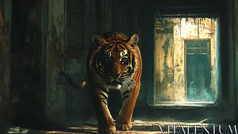 Solitary tiger stalking through ruined concrete corridor.