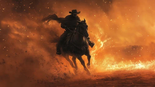 Silhouetted Cowboy Riding Horse Through Intense Fire