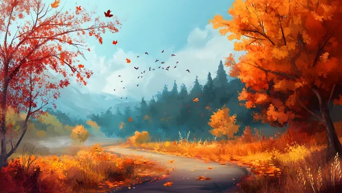 Curved forest path bordered by dense autumn foliage and hills.