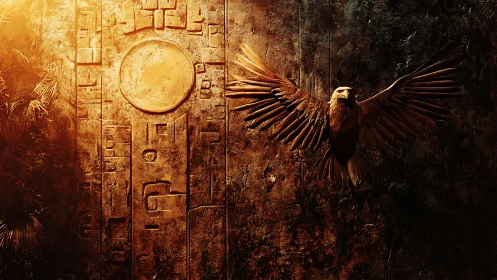 Majestic Eagle Relief on Ancient Sunlit Stone Wall, Cinematic Style.