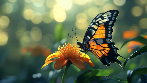 Sunlit butterfly poised on vivid orange blossom at dusk.