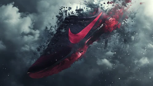 Dark athletic shoe in midair with red accents and smoke.