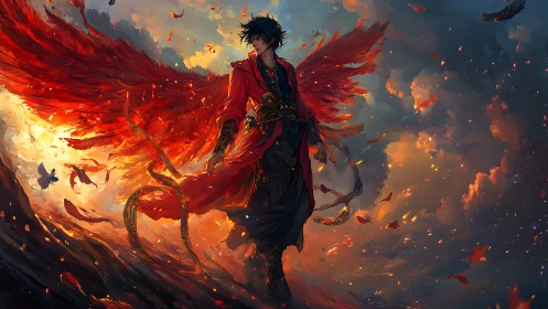 Winged warrior strides through burning sky with dynamic red plumage