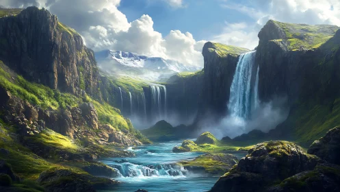 Cascading skyfalls over emerald cliffs in secret valley.
