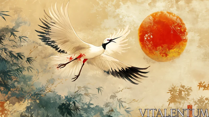 Graceful crane gliding toward a glowing crimson sun.