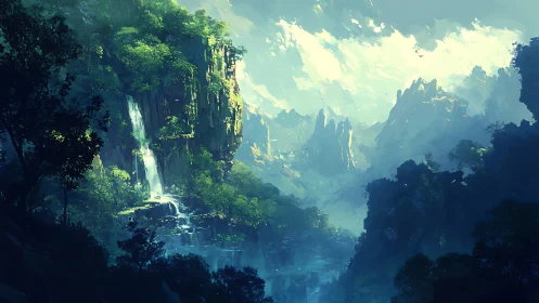 Emerald cliffs and whispered waterfalls in mistlit valley.